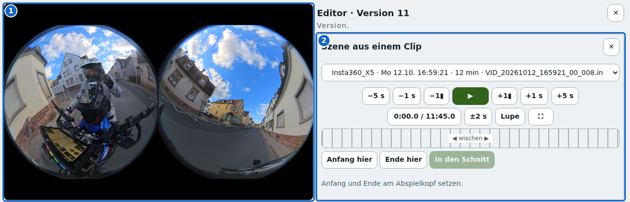 Clip browser: clip in the large video area and selection on the right
